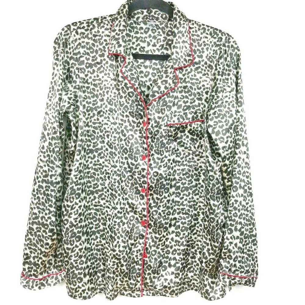 PINK Nightshirt Leopard LS Pocket Red Trim Button